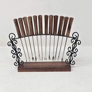 Vtg MCM 12 rosewood handle appetizer cheese cocktail forks picks w/stand Japan